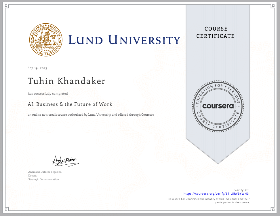 AI Business & Future of Work Certification - Lund University
